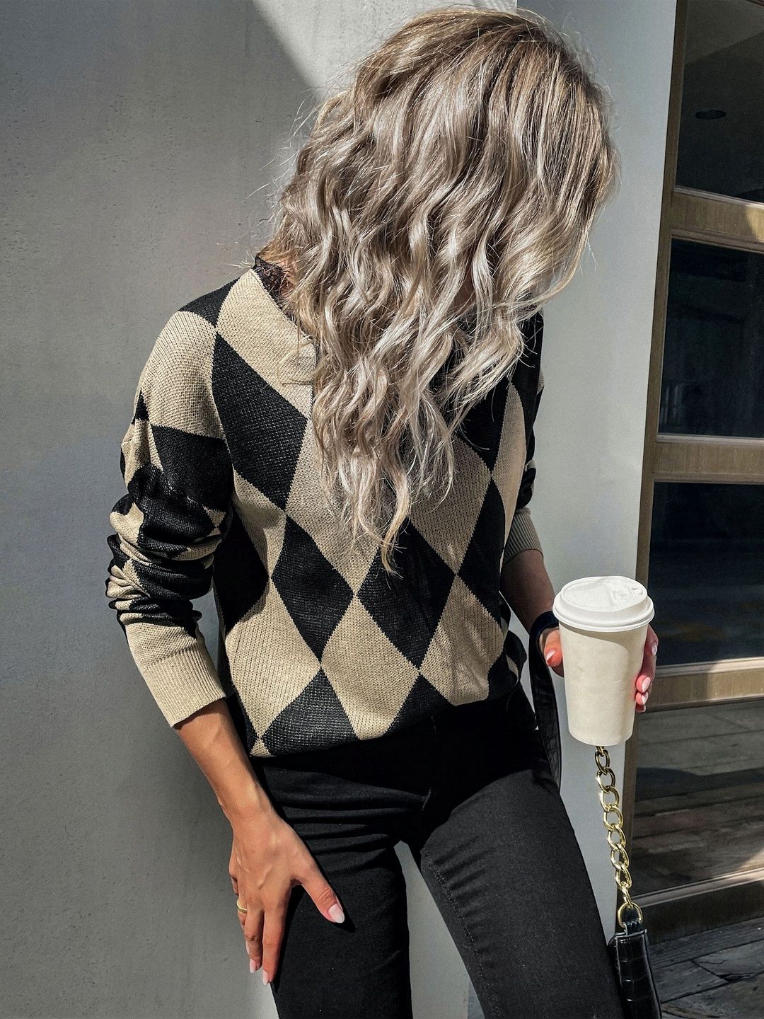 Women's Black Argyle Colourblocked Pullover