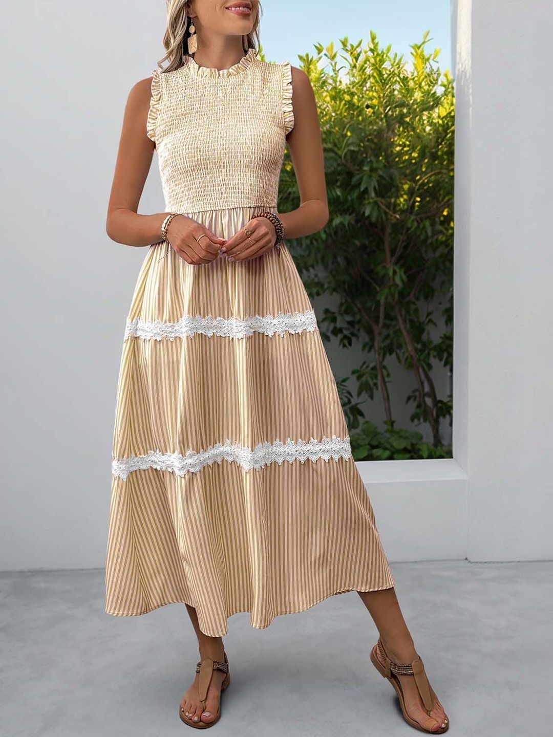 Striped Flutter Sleeve Maxi Midi Dress