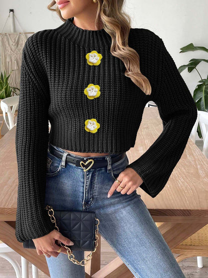 Ribbed Crop Pullover with Applique Detail in Black acrylic Long Sleeve - Nowi Korean Fashion