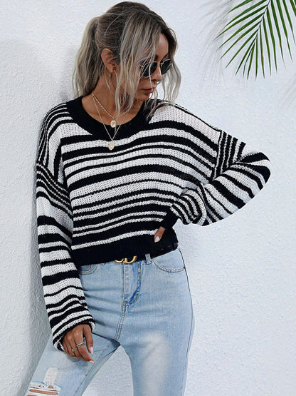 Women's Black Striped Crop Pullover