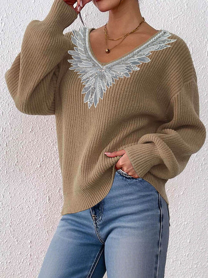 Women Embroidered Ribbed Pullover with Embroidered Detail