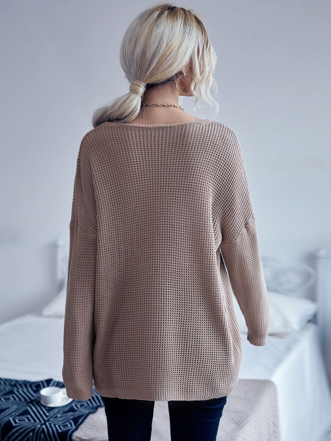 Women's Beige Ribbed Pullover Blend Printed Regular Fit
