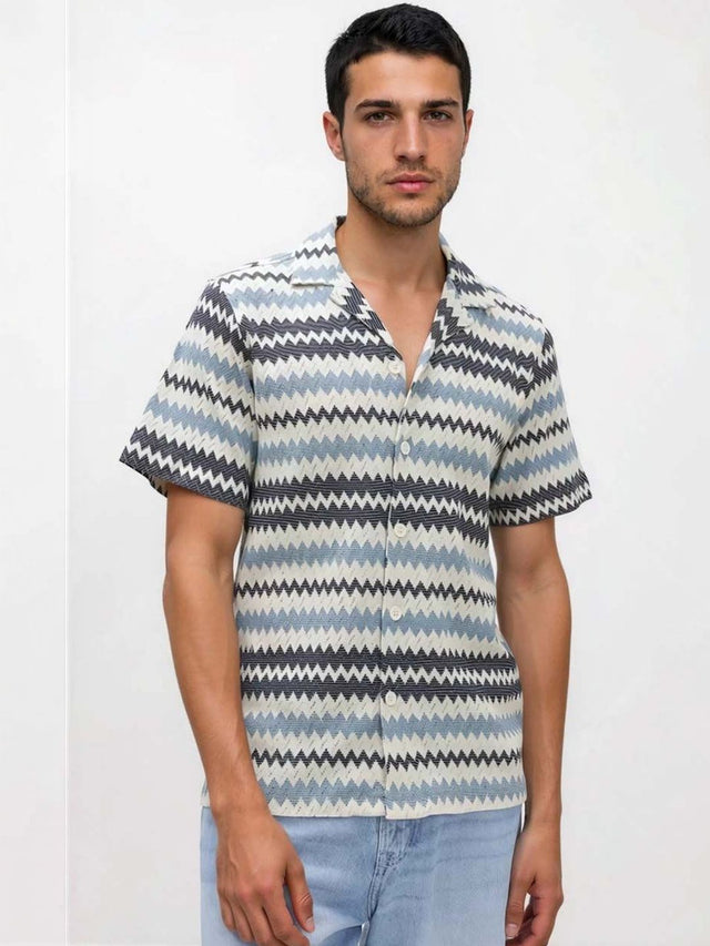 Chevron Textured Relaxed Fit Cotton Casual Shirt in Blue - Nowi Korean Fashion