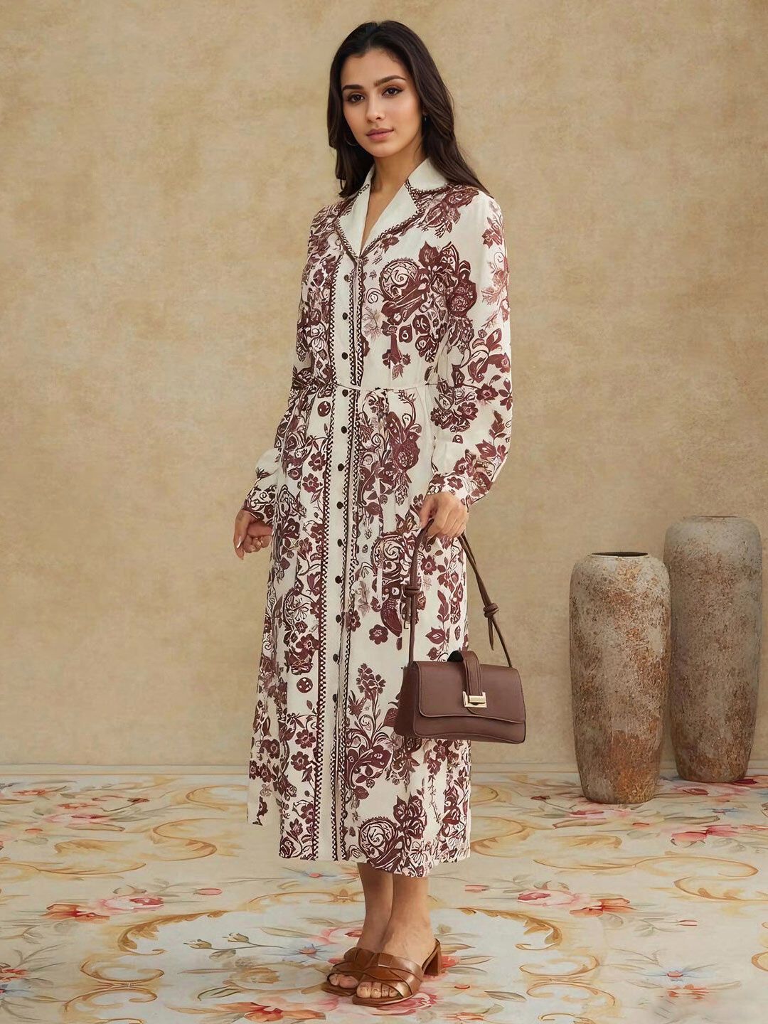 Floral Print Shirt Maxi Dress in White cotton - Nowi Korean Fashion