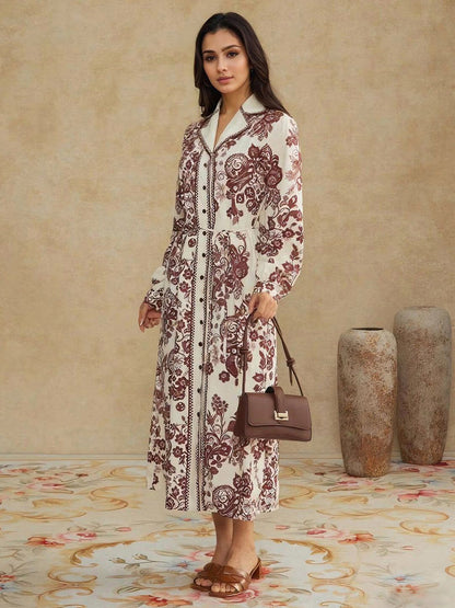 Floral Print Shirt Maxi Dress in White cotton - Nowi Korean Fashion