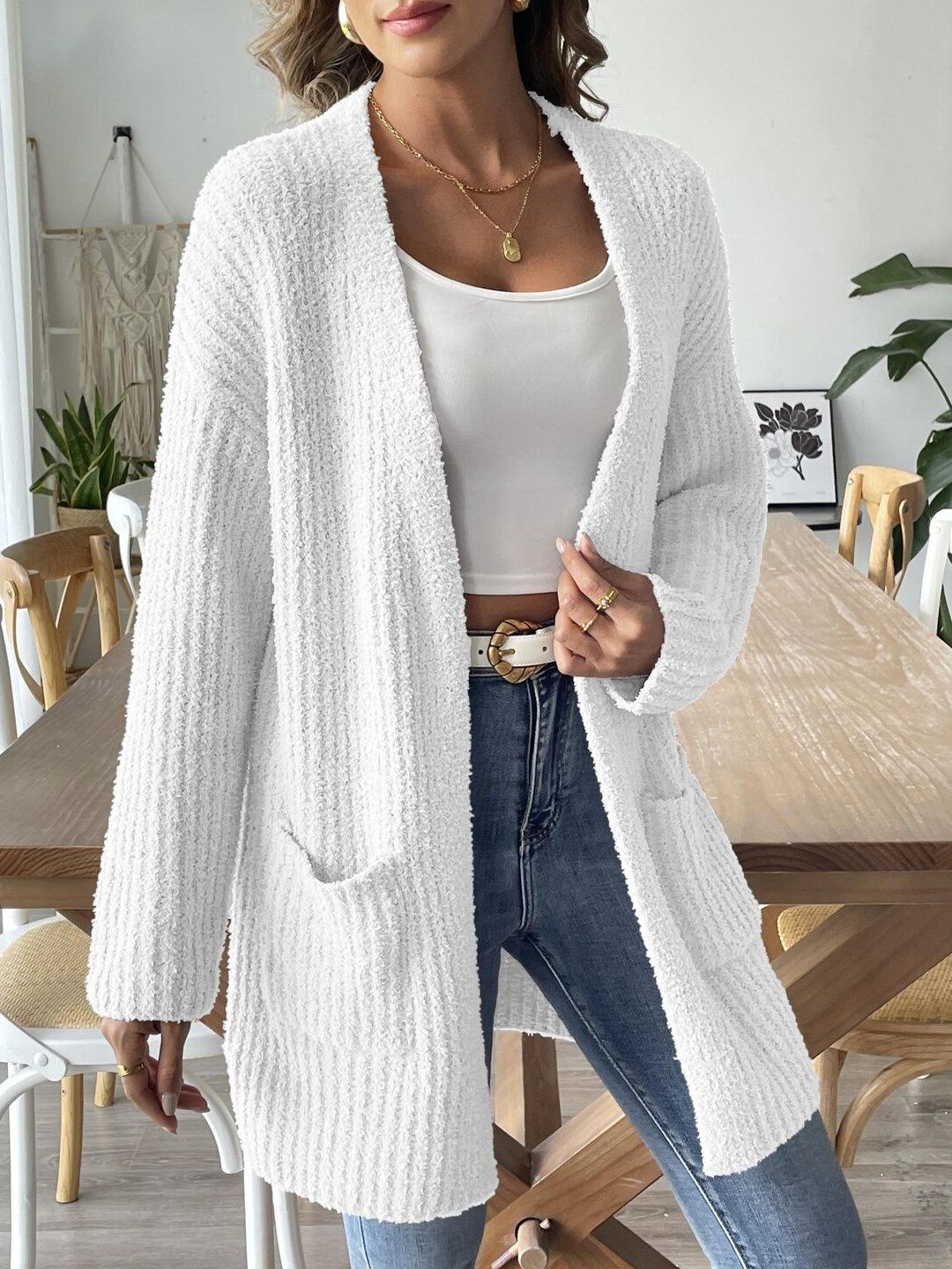 Women Ribbed Cardigan with Fuzzy Detail