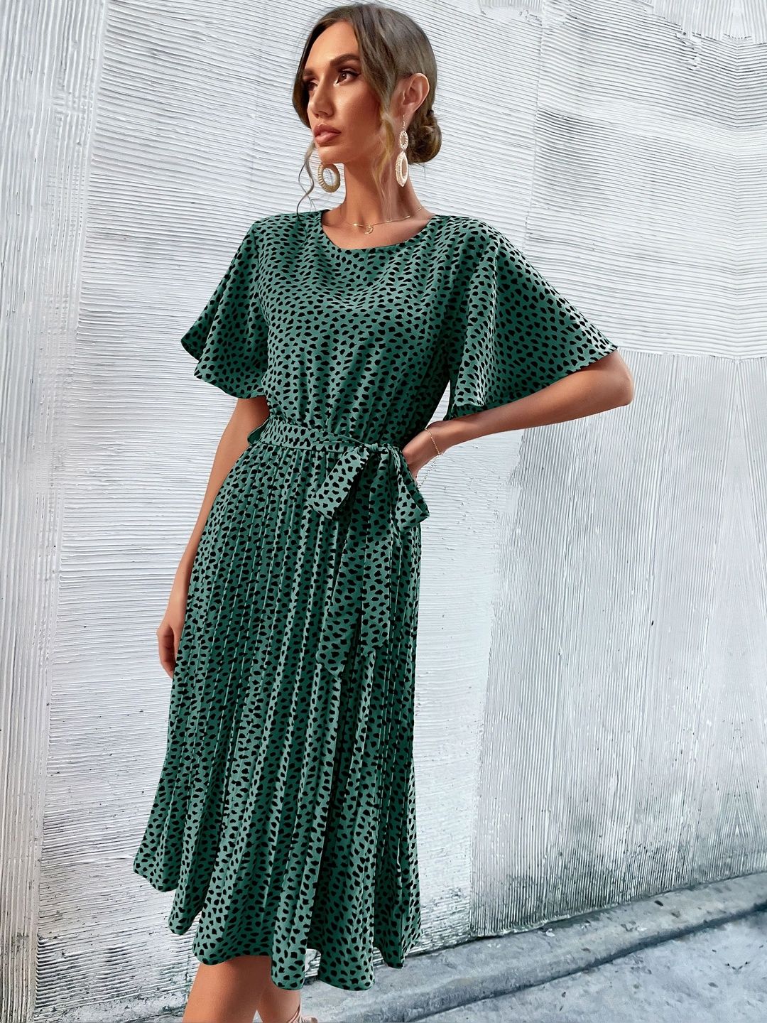 Polka Dot Print Flared Sleeve Fit & Flare Midi Dress
