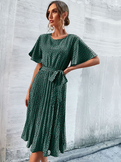Polka Dot Print Flared Sleeve Fit & Flare Midi Dress