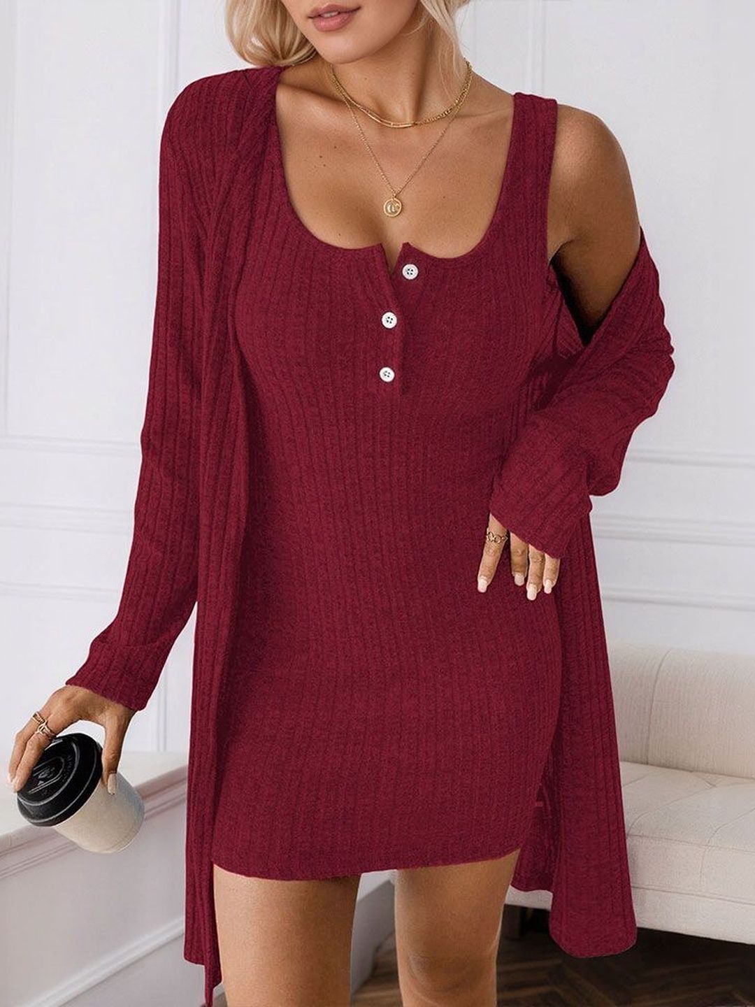 NOWI Striped Bodycon Dress with Coat