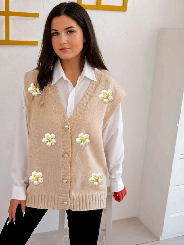 Sweater Vest with Applique Detail in Beige acrylic - Nowi Korean Fashion