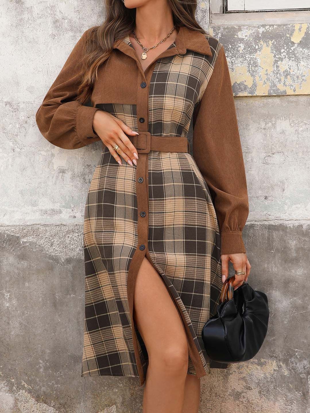 Checked A-Line Dress in Brown - Nowi Korean Fashion