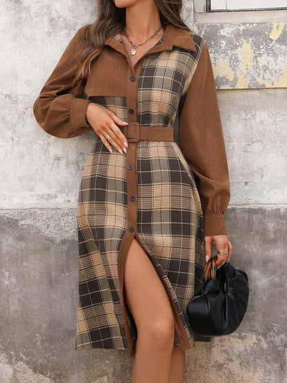 Checked A-Line Dress in Brown - Nowi Korean Fashion