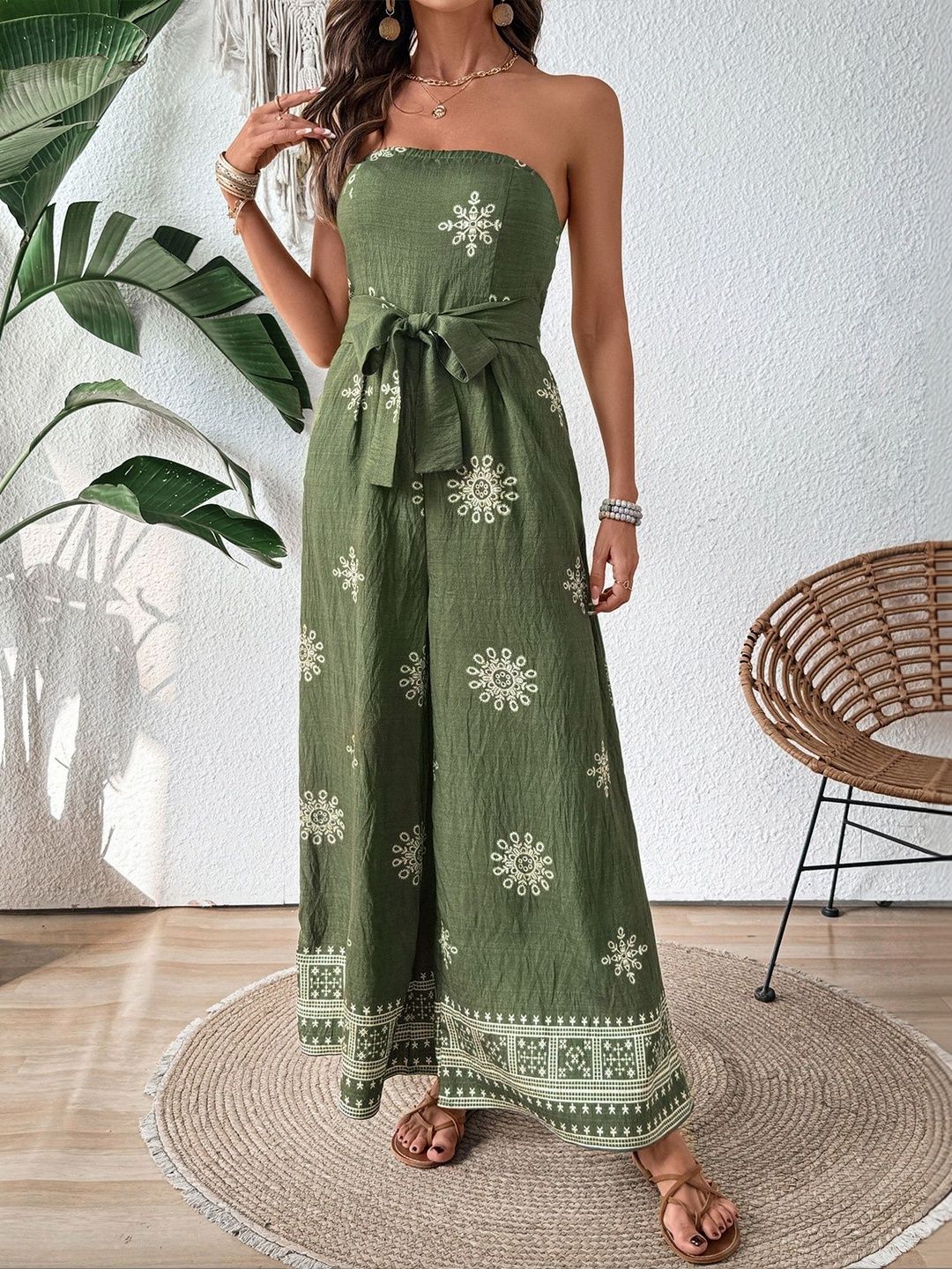 Linen Strapless Printed Basic Jumpsuit with Embroidered