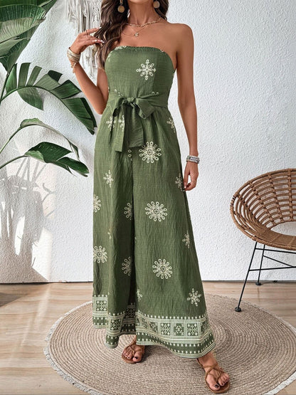 Linen Strapless Printed Basic Jumpsuit with Embroidered