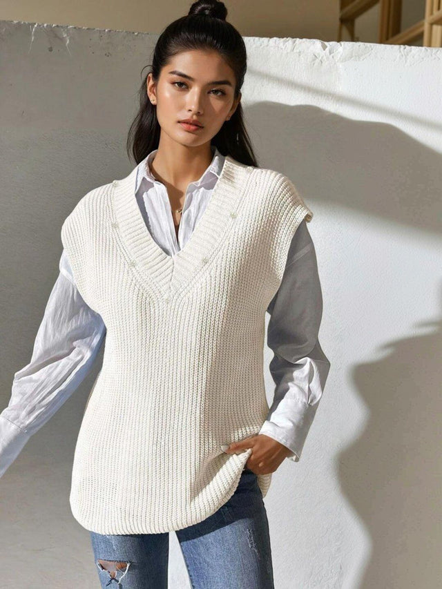 Ribbed Woollen Sweater Vest with Embellished Detail in White - Nowi Korean Fashion