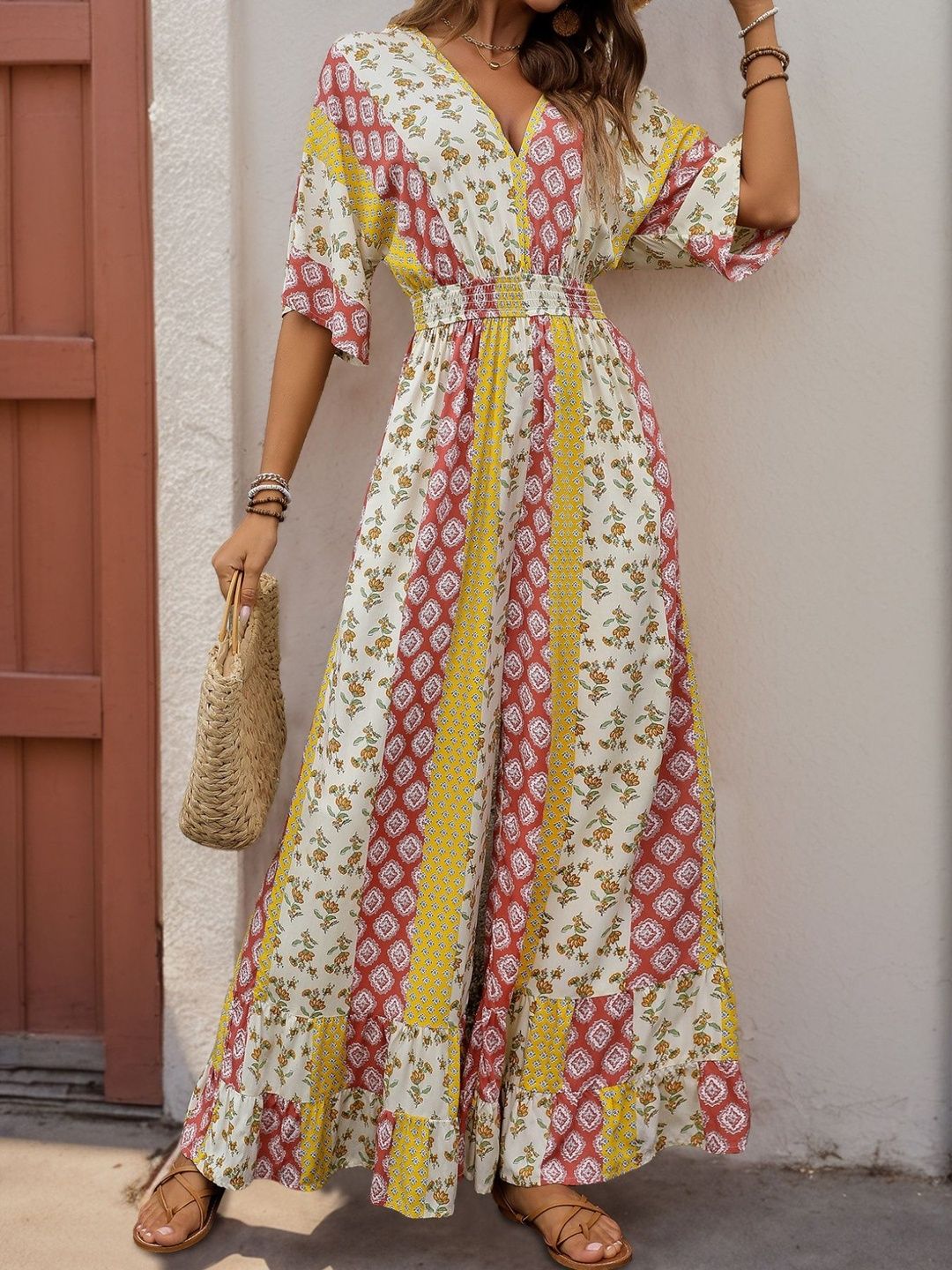 Printed Basic Jumpsuit with Ruffles