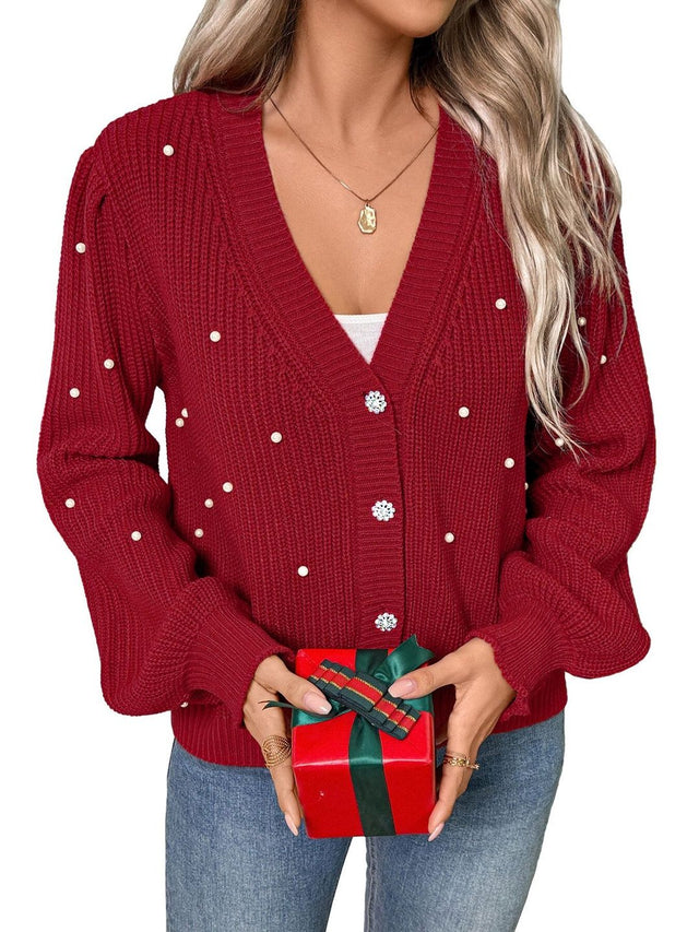 Cardigan with Embellished Detail in Red - Nowi Korean Fashion