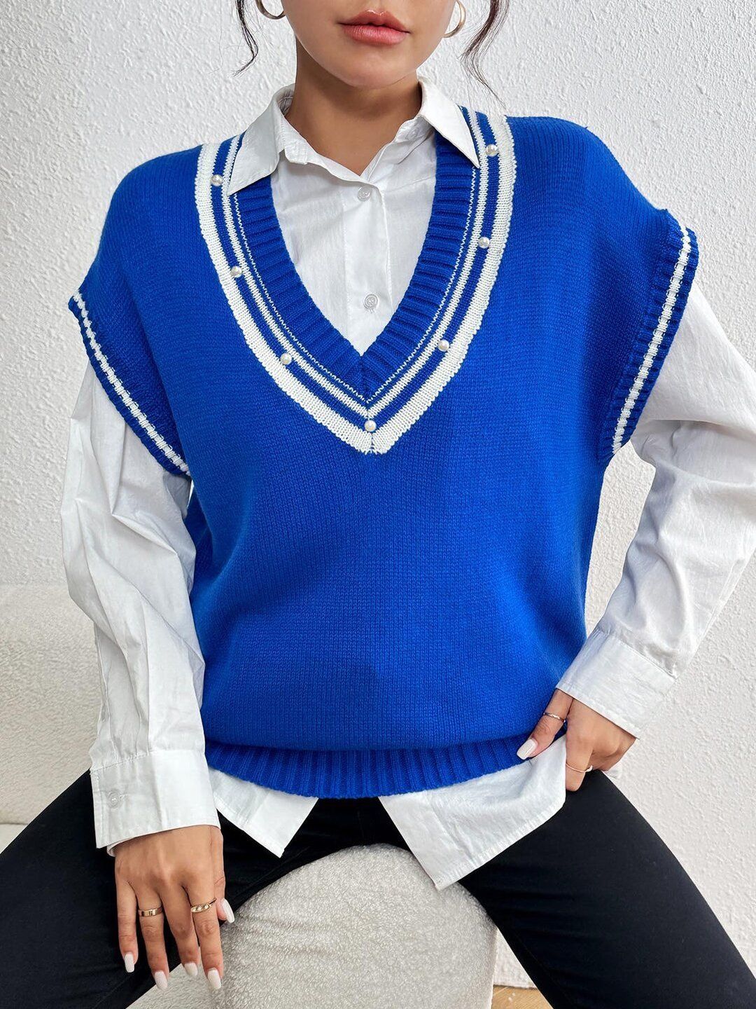 Women Colourblocked Sweater Vest with Embellished Detail
