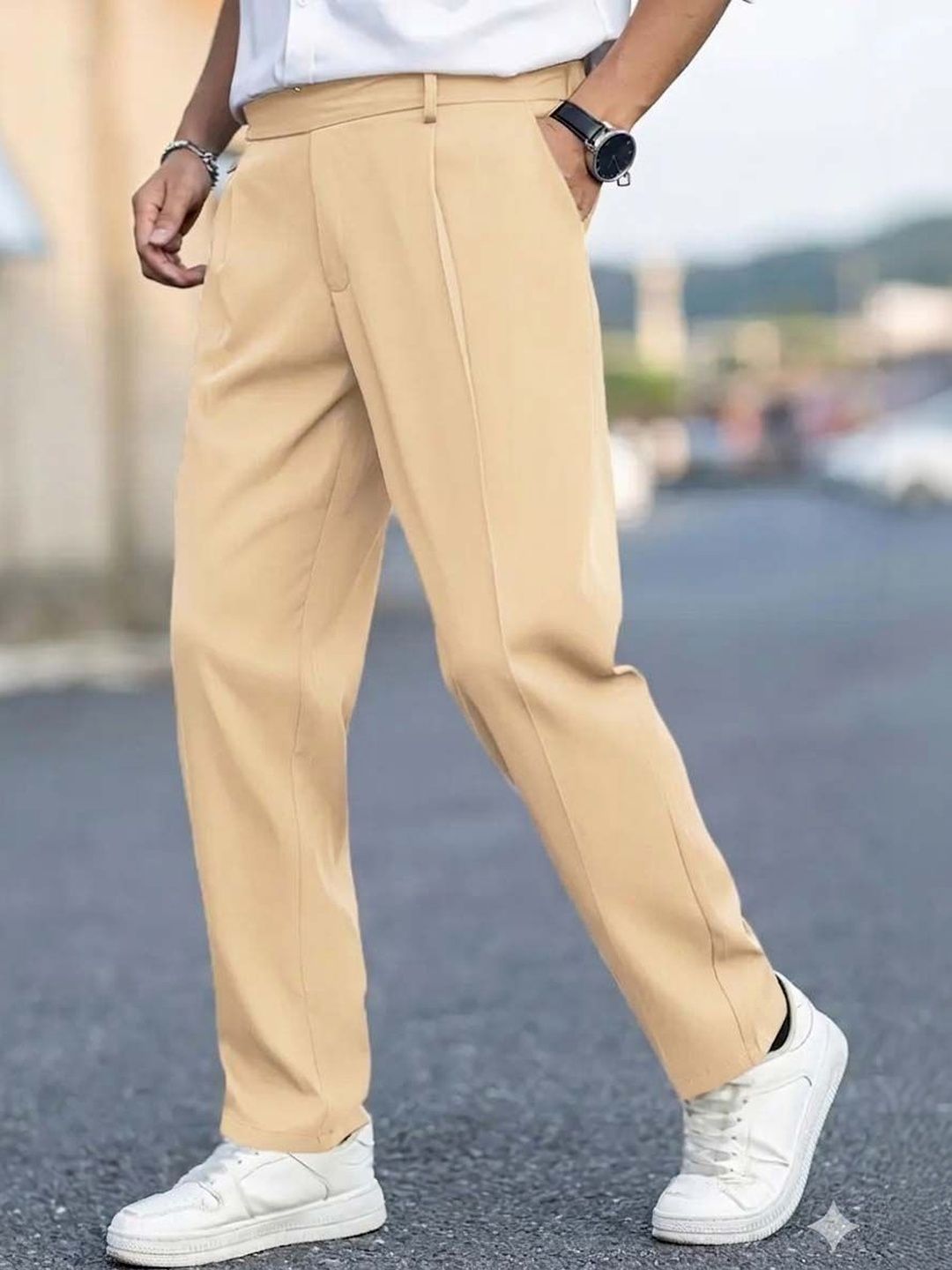 Men Straight Fit Wrinkle Free Pleated Trousers
