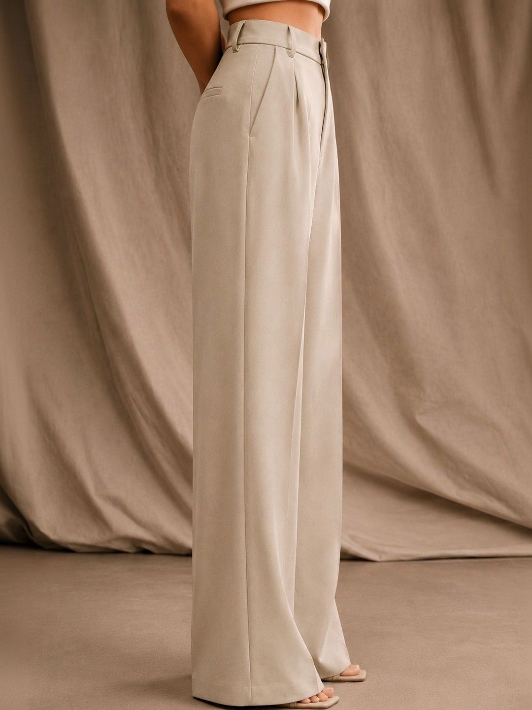 Women Tailored Straight Fit High-Rise Wrinkle Free Pleated Button Trousers