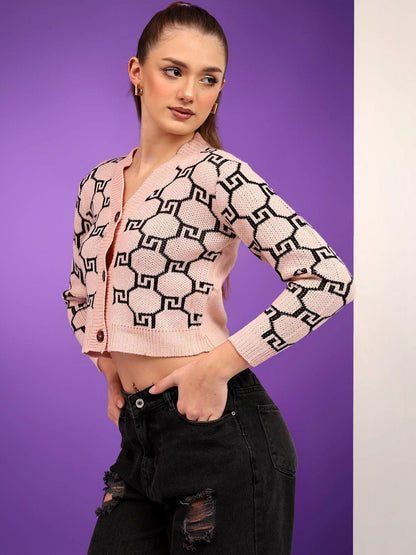 NOWI Women Printed Woollen Crop Cardigan