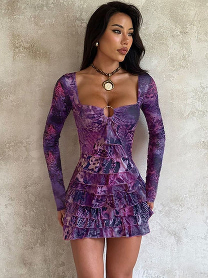Print Ruffled Bodycon Mini Dress in Purple - Nowi Korean Fashion