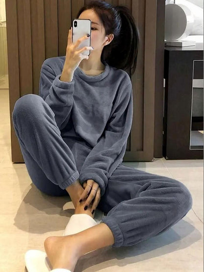 Round Neck Long Sleeves Night Suit in Grey Fleece - Nowi Korean Fashion