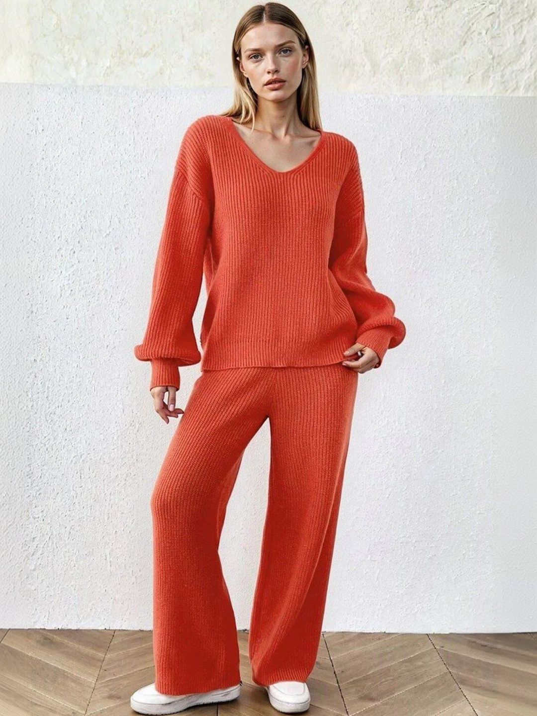 Orange Knitted V-Neck Sweater with Trousers - Nowi Korean Fashion