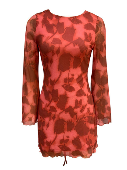 NOWI Floral Print Flared Sleeve Bodycon Mini Dress