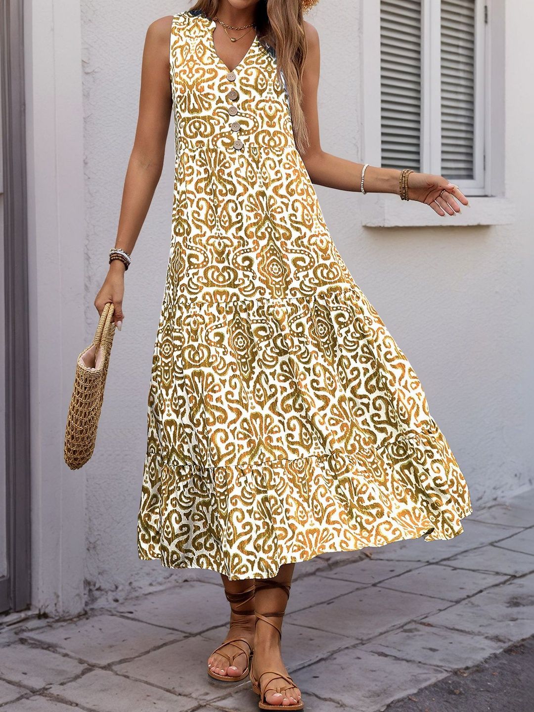 Bohemian Print A-Line Midi Dress