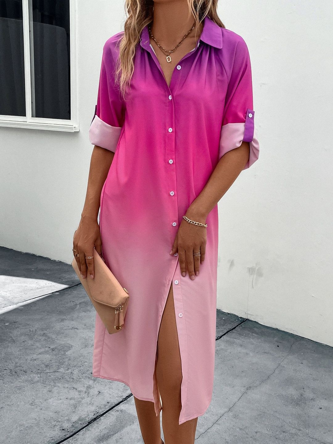 Women's Pink Nowi Dyed Shirt Midi Dress