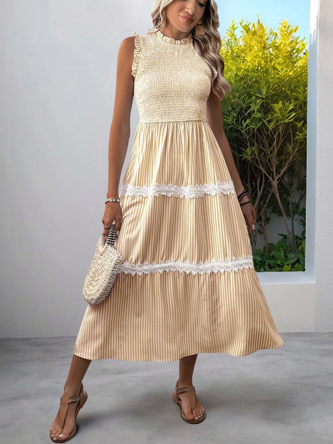 Striped Flutter Sleeve Maxi Midi Dress