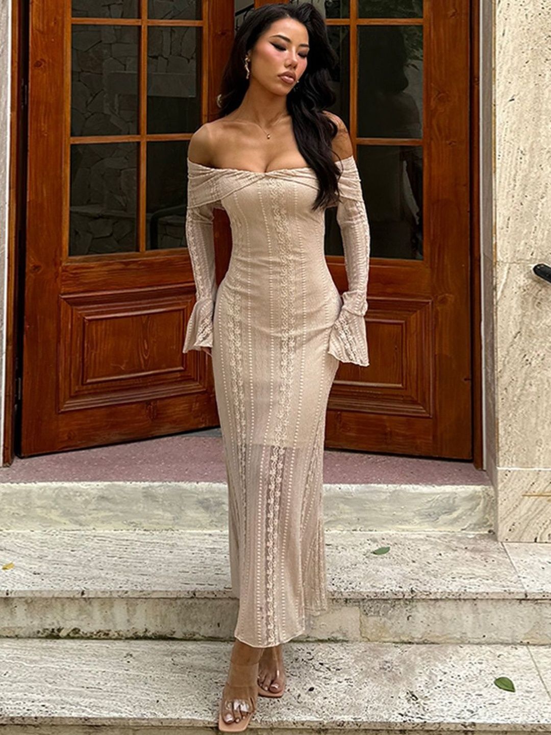 NOWI Off-Shoulder Flared Sleeve Ruffled Sheath Maxi Dress