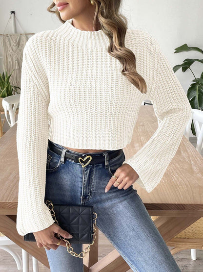 Ribbed Crop Pullover in White acrylic Long Sleeve - Nowi Korean Fashion