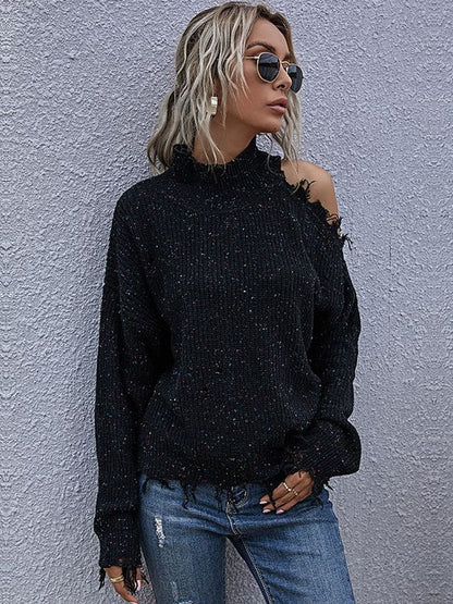 Women's Black Speckled Pullover With Fringed Detail