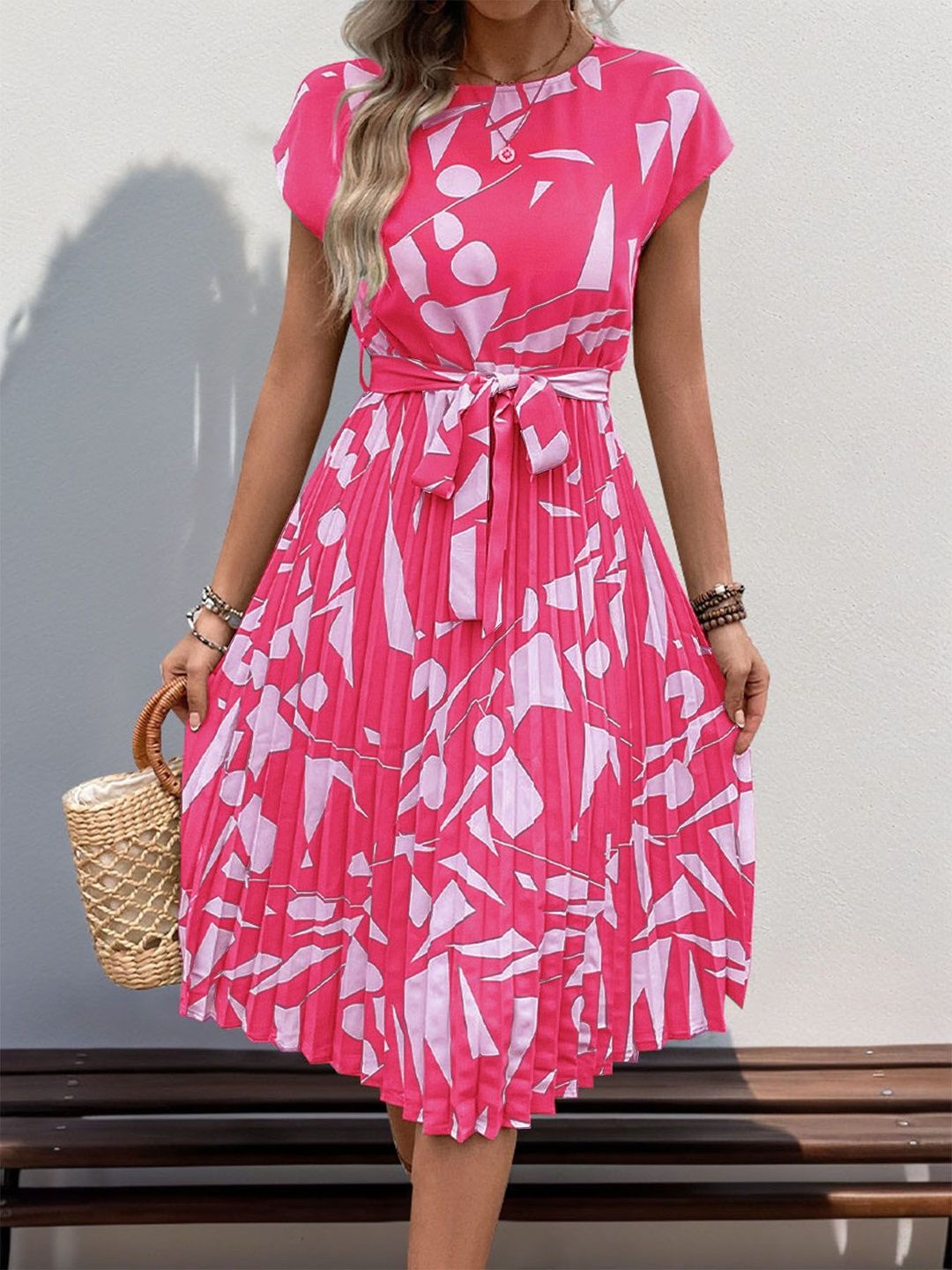 Printed Fit & Flare Midi Dress in Pink polyester - Nowi Korean Fashion