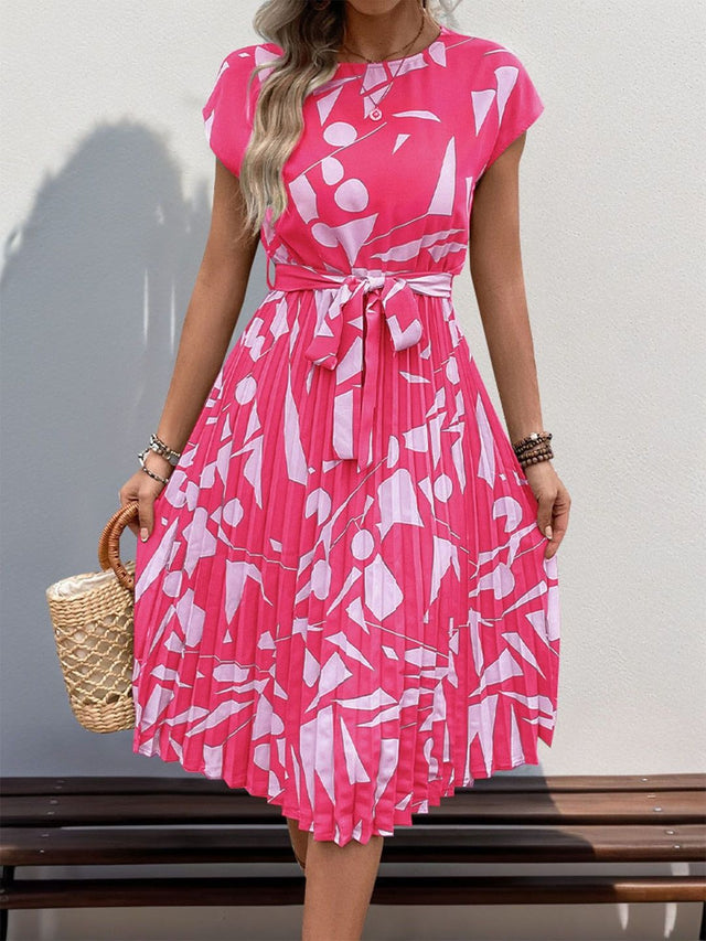 Printed Fit & Flare Midi Dress in Pink polyester - Nowi Korean Fashion