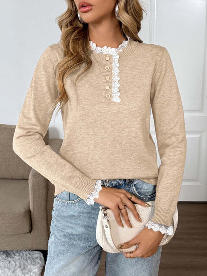 Round Neck Pullover in Beige cotton - Nowi Korean Fashion