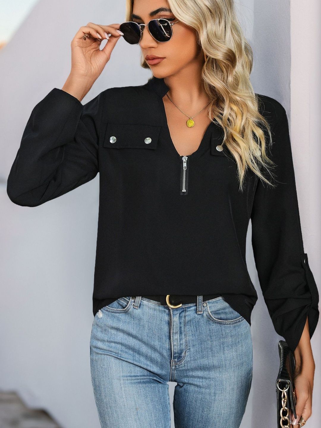 Mandarin Collar Roll-Up Sleeves Top