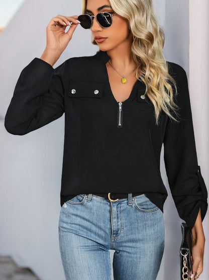 Mandarin Collar Roll-Up Sleeves Top
