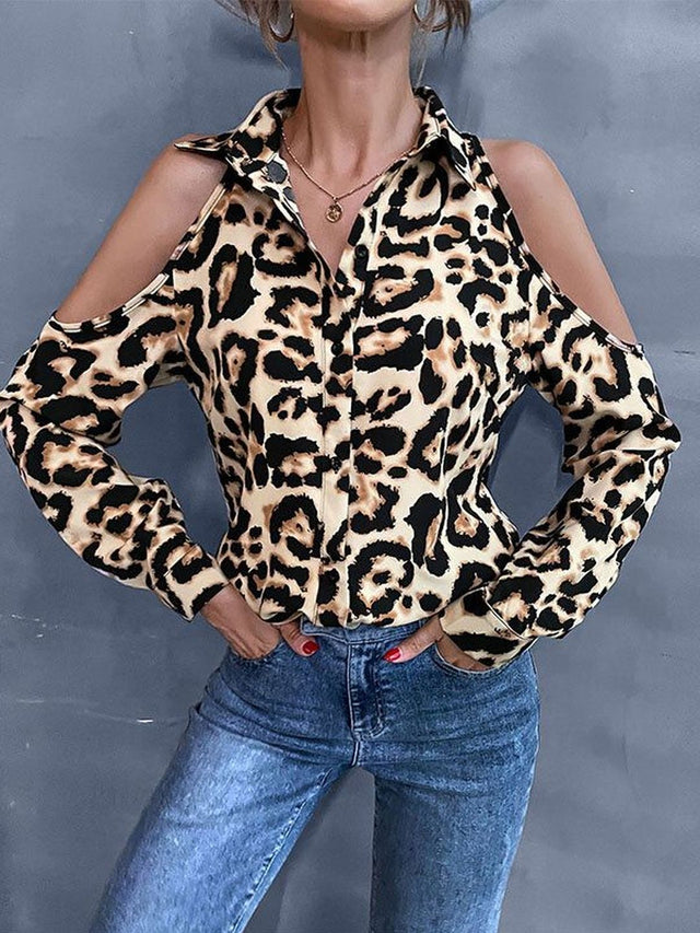 Animal Printed Casual Shirt in Beige Cotton - Nowi Korean Fashion