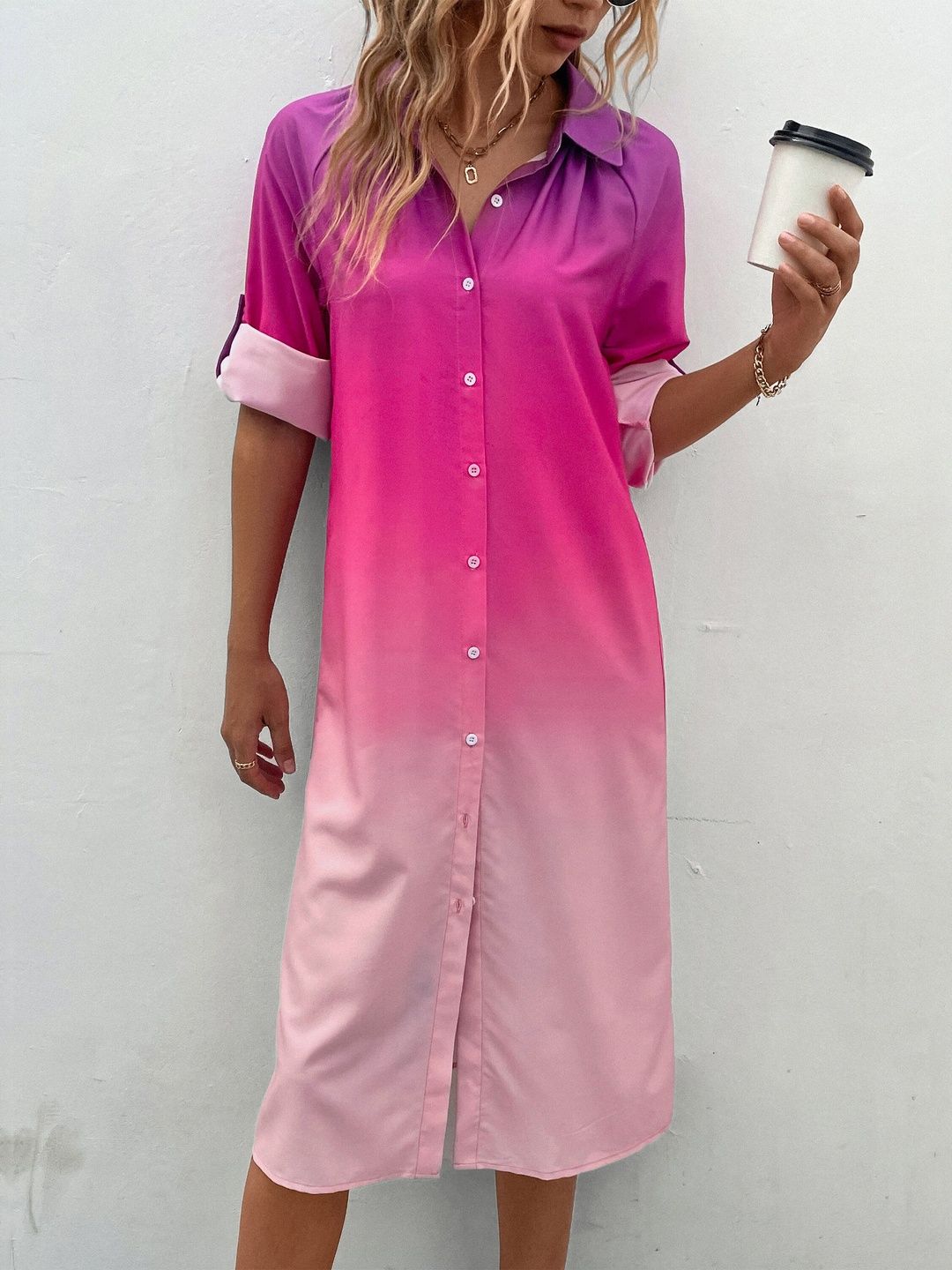 Women's Pink Nowi Dyed Shirt Midi Dress