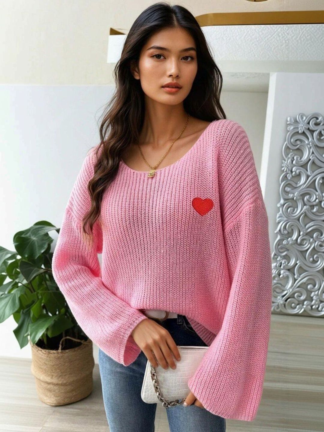 Ribbed Pullover with Applique Detail in Pink acrylic Long Sleeve - Nowi Korean Fashion