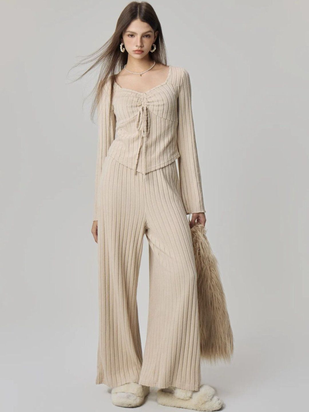 Beige Ribbed Knit Co-ords with V-Neck Top and Palazzos - Nowi Korean Fashion