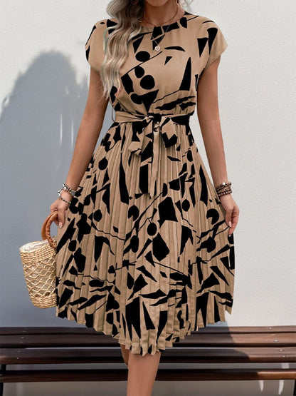 Printed Fit & Flare Midi Dress in Beige polyester - Nowi Korean Fashion