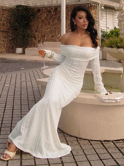 Off-Shoulder Linen Sheath Maxi Dress