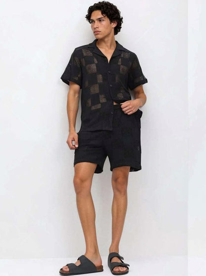 Crochet Self Design Shirt with Shorts in Black - Nowi Korean Fashion