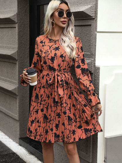 Women's Orange Floral Print Flared Sleeve Fit & Flare Dress