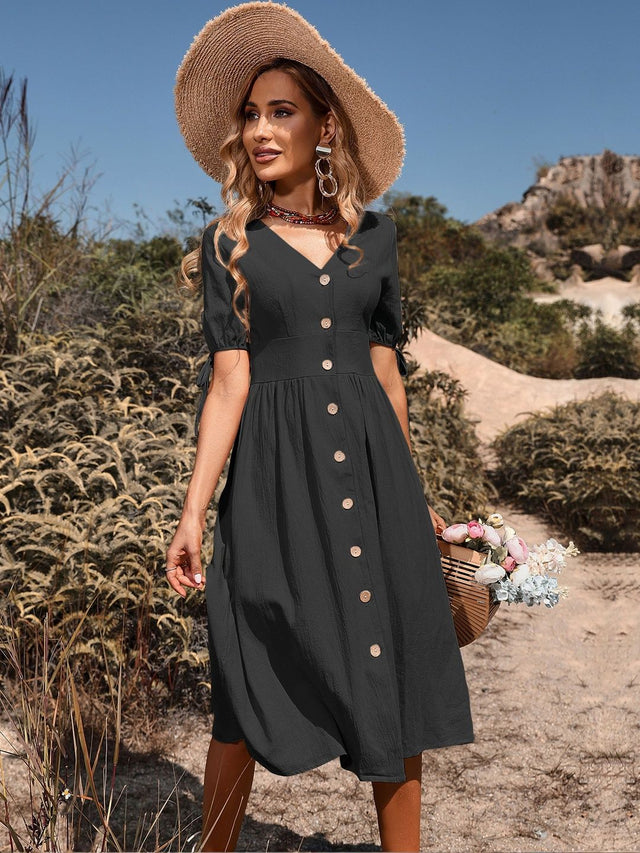 Puff Sleeve Fit & Flare Midi Dress in Black cotton - Nowi Korean Fashion
