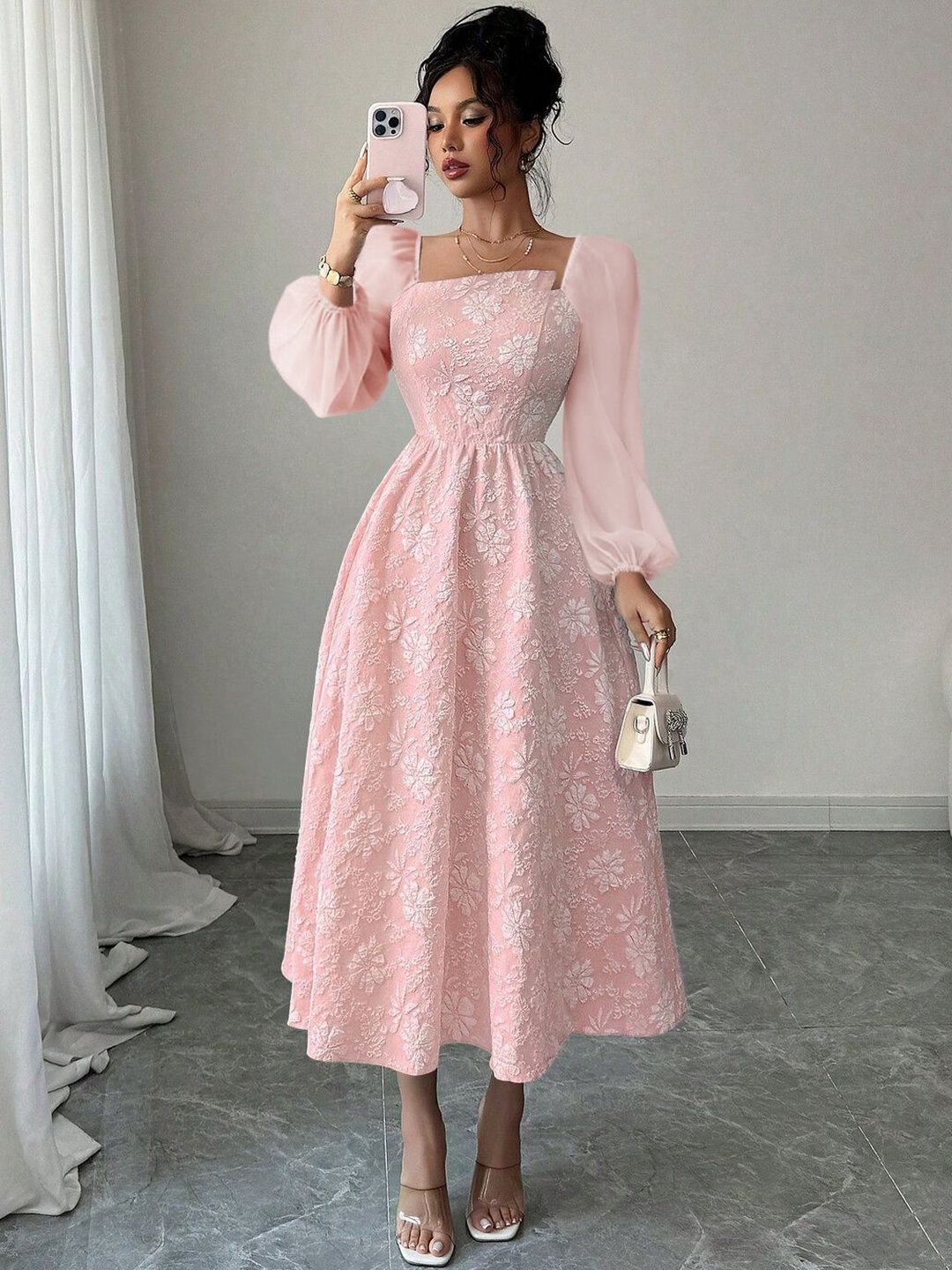 Floral Print Puff Sleeve Fit & Flare Midi Dress